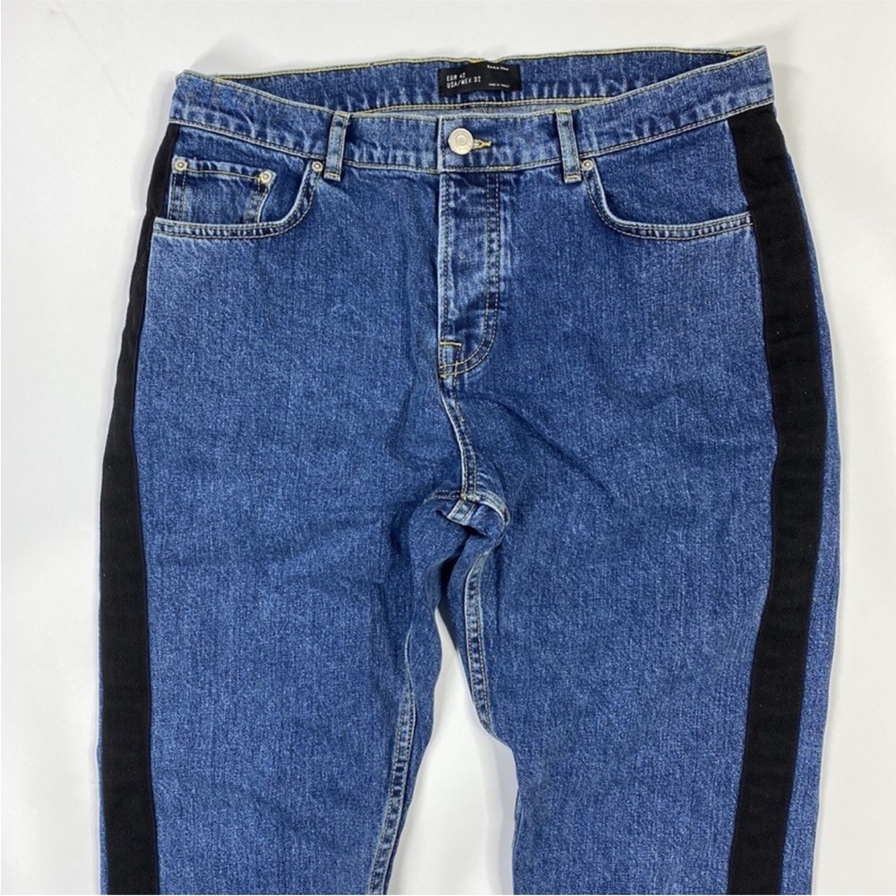 Zara Man Medium Wash Tuxedo Style Stripe Skinny Pants Button Fly Size 32x26